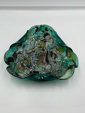 Vtg Tutti Frutti Murano 8" Italian Art Glass Bowl Green w/Gold & Silver Flakes